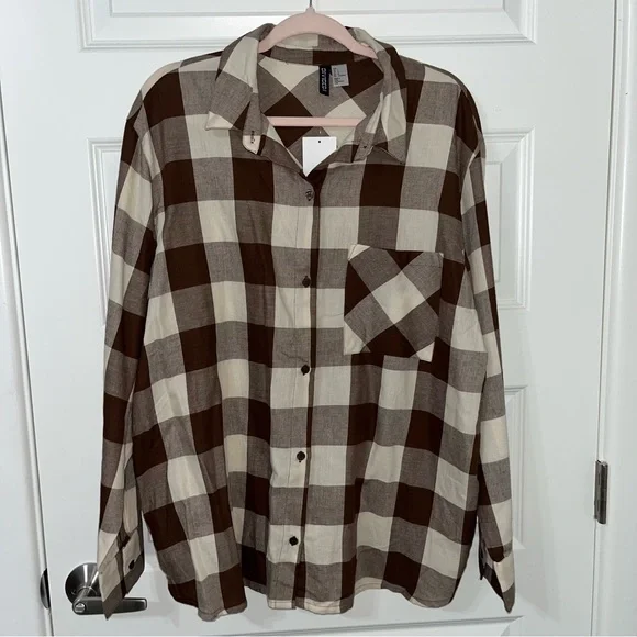H&M Woman Divided Brown Flannel Plaid Long Sleeve Shirt Top Button Down L New - Picture 3 of 5